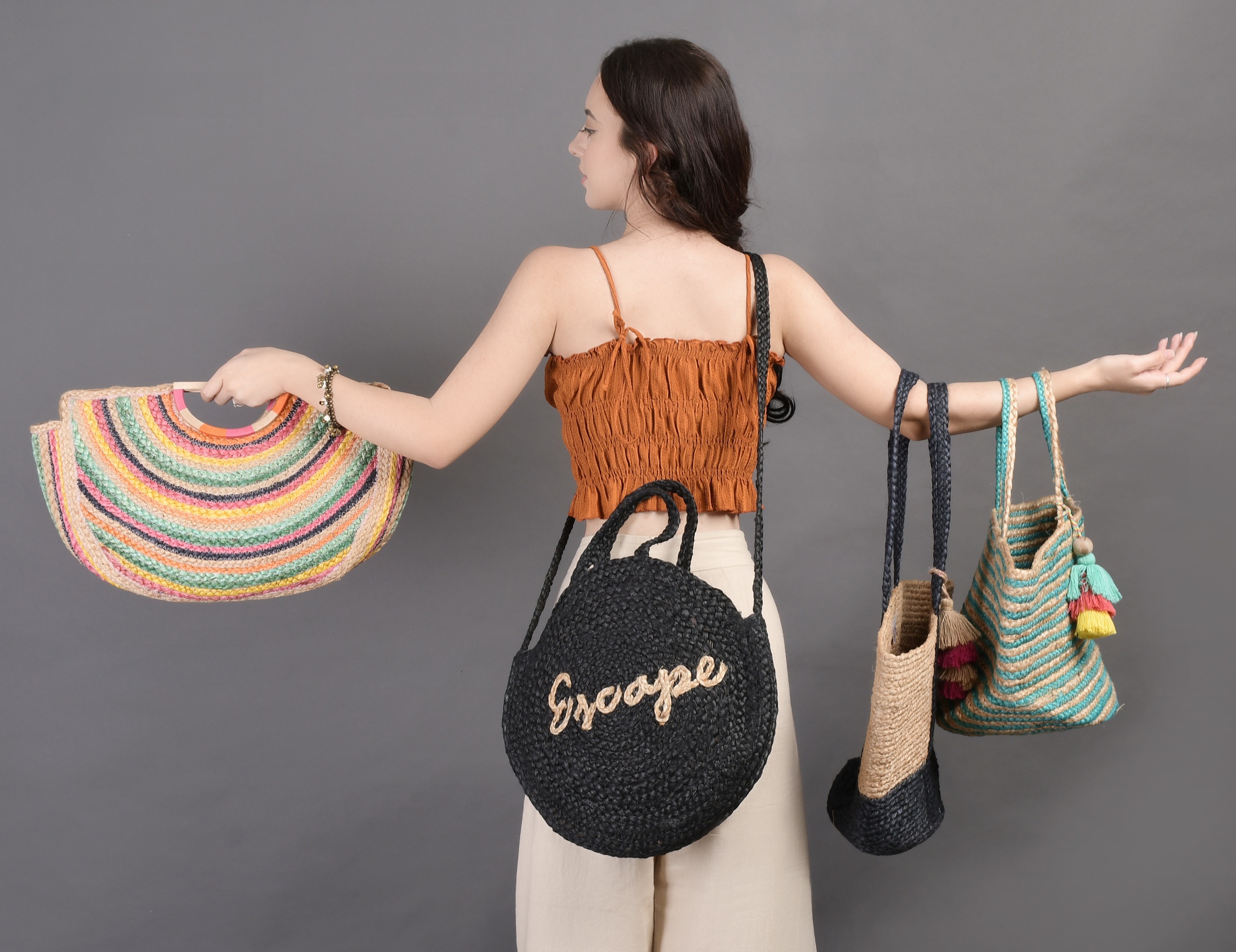 Original jute bags carried on model